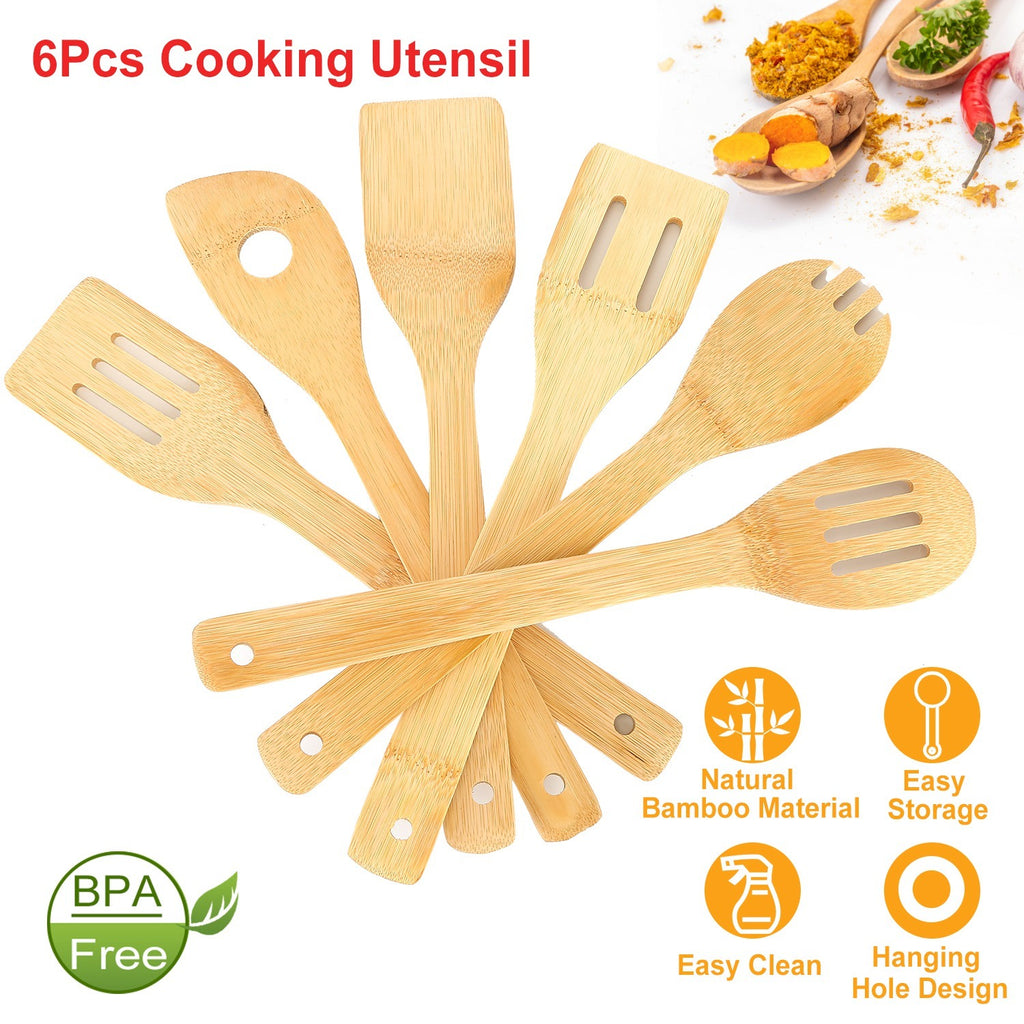 Set Of 6Pcs Cooking Utensil Bamboo Wooden Spoons Spatula Kitchen Cooking Tools Nonstick Wooden Cookware Kitchen Gadgets