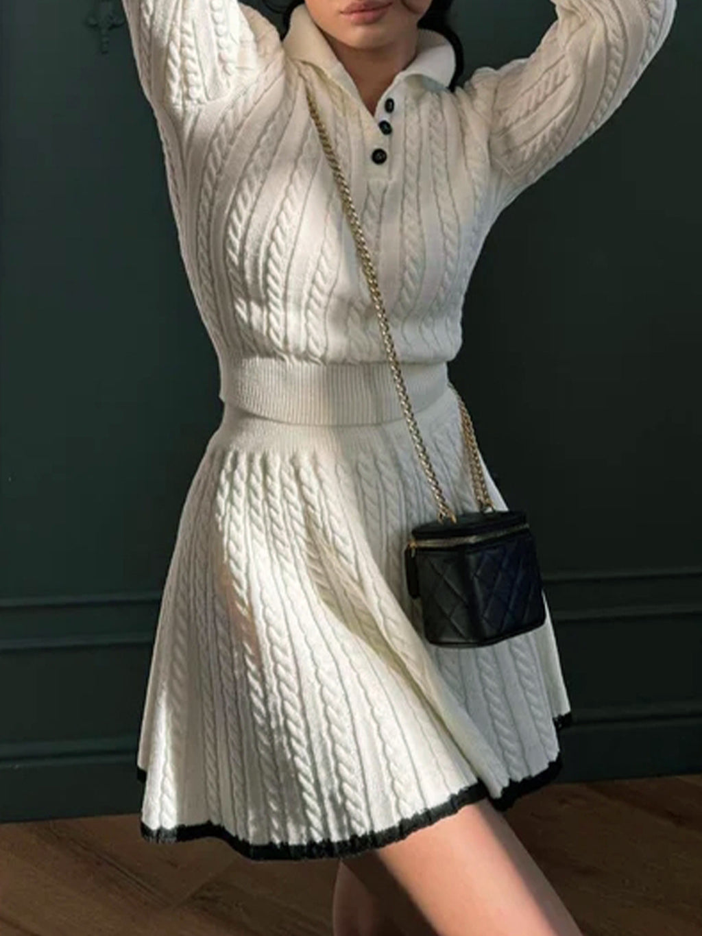 Women's Knit Sweater Long Sleeve Knot Short Skirt Set