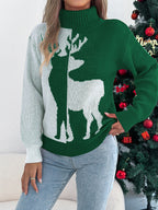 Color Block Deer Lantern Sleeve Turtleneck Pullover Sweater