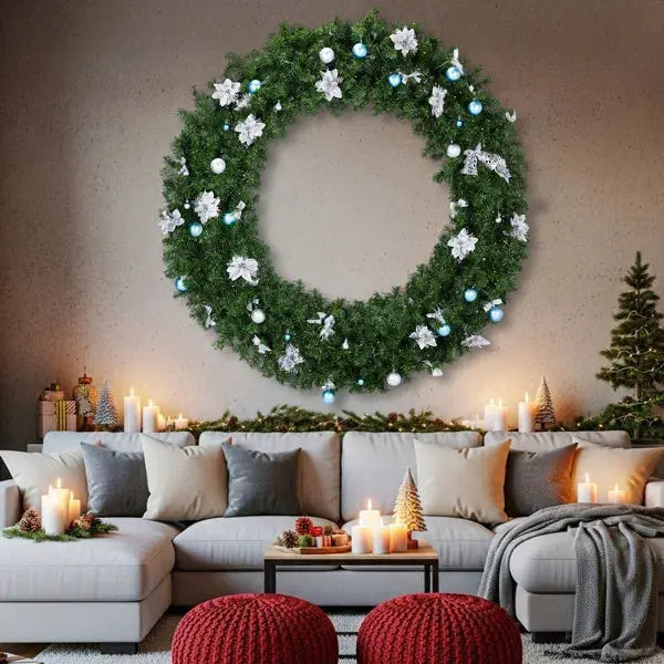 60in Pre-lit Christmas Wreath, Lighted Artificial Xmas Wreath With 220 Cold & Warm White Lights And 600 PVC Tips And DIY Ornaments, For Front Door Gate Wall Xmas Party Decorations, Light Green - The Premium