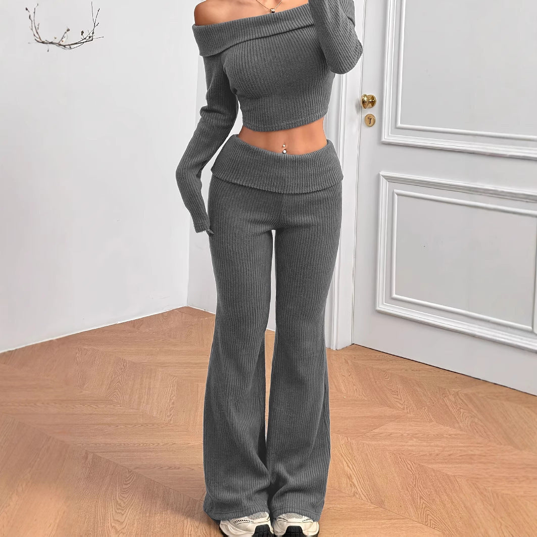 Women's Solid Color Off-Shoulder Long Sleeve Top And Flared Pants Set