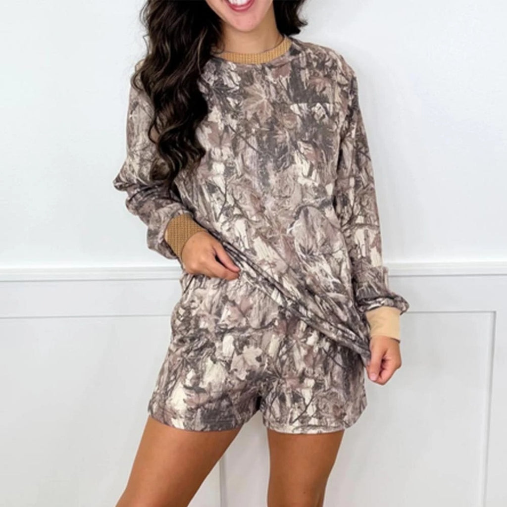 Women's Fashion Print Long Sleeve Hoodie And Shorts Casual Set