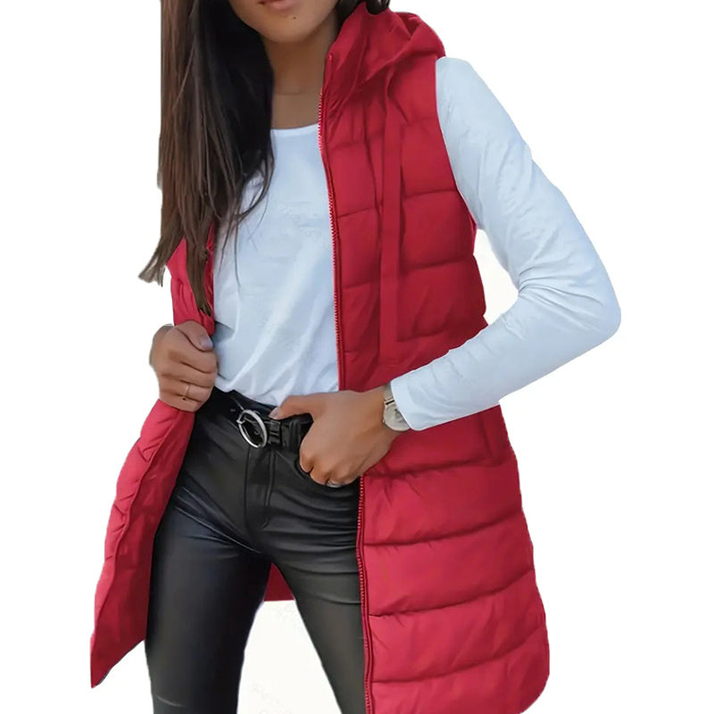 Women's Solid Color Sleeveless Hooded Vest, Mid-Length Zip-Front Waistcoat With Pockets For Spring And Fall Layering