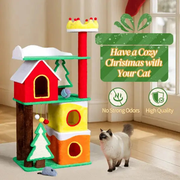 56in Christmas Themed Plush Cat Tree, Multi-level Cat Tower With Cat Condos, Top Crown Perch, Sisal Ramp Scratching Posts, Large Cat Pet Activity Center For Indoor Cats - The Premium