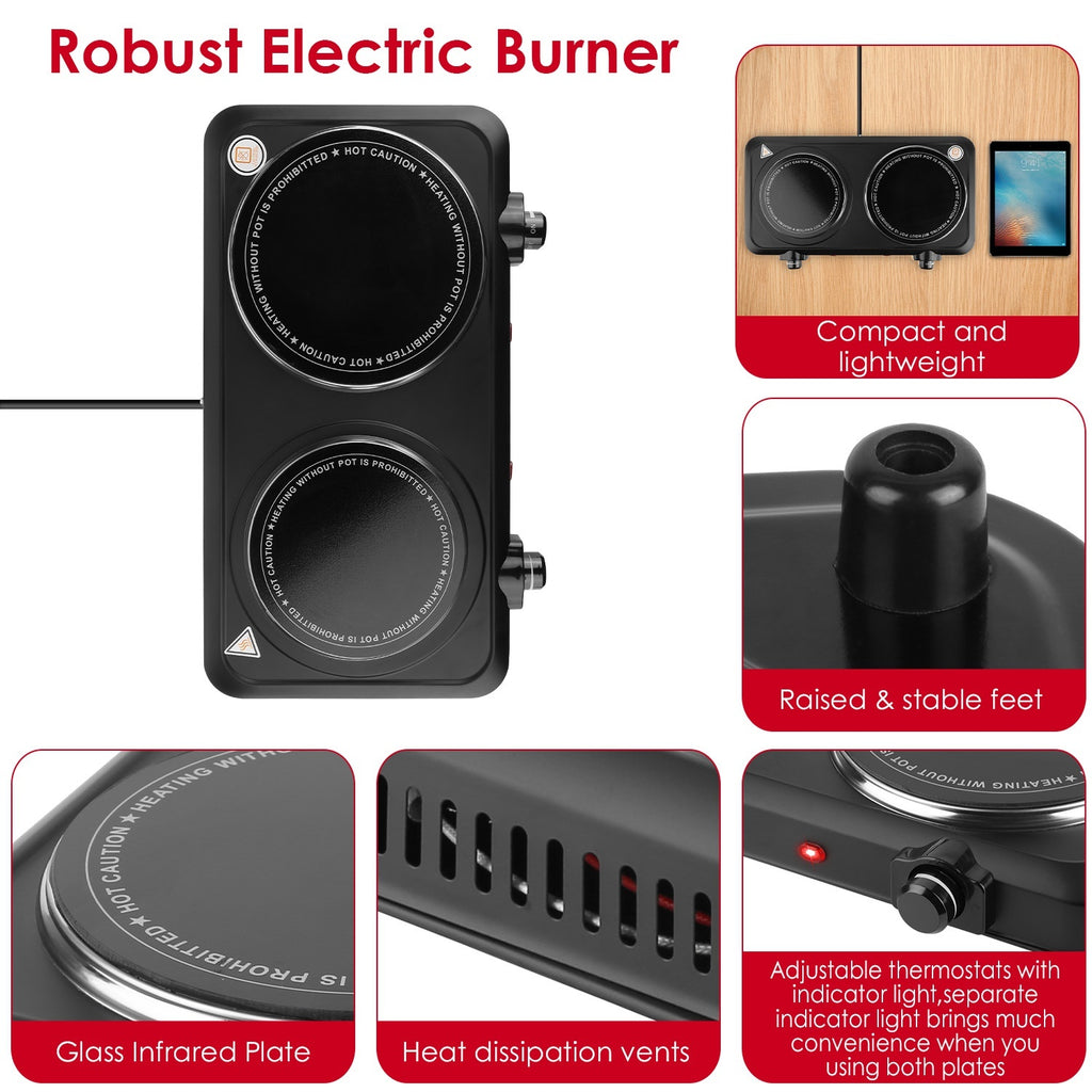 1Pc 2000W Electric Infrared Dual Burner Portable Heating Hot Plate Stove Countertop RV Hotplate With Glass Cooktop Stepless Temperature Adjustments For Home RV Camp