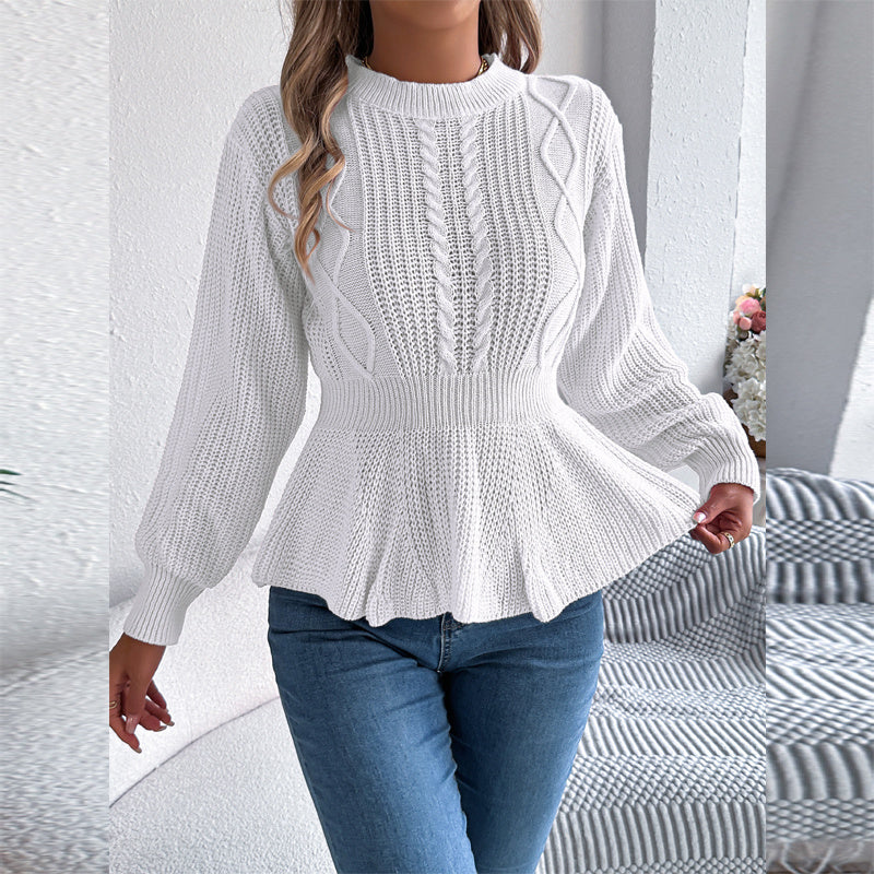 Women's Cable Knit Sweater With Peplum Hem Round Neck Ribbed Waist Top For Spring And Fall