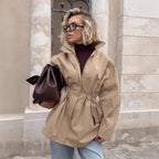Drawstring Trench Khaki Waist Mid-length Coat