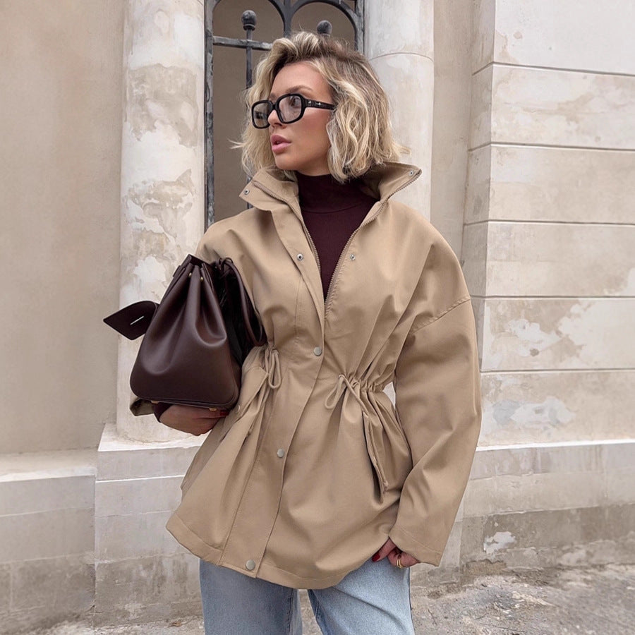 Drawstring Trench Khaki Waist Mid-length Coat