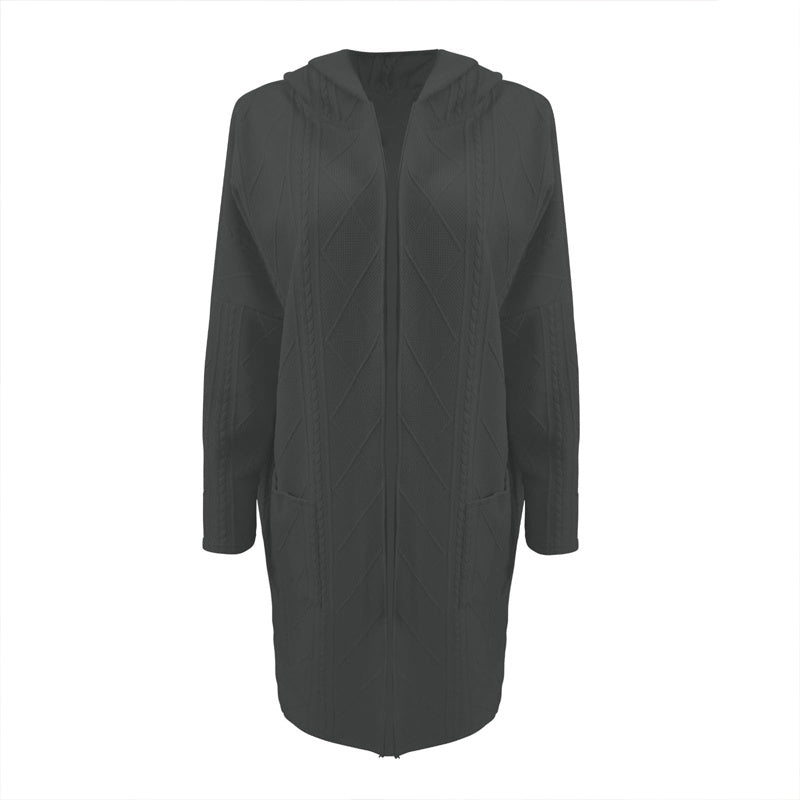 Women's Textured Hooded Longline Jacket, Solid Color Casual Oversized Top With Pockets For Fall & Winter
