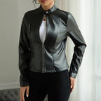 Women's Solid Color Long Sleeve Stand Collar Faux Leather Blazer - Single Button Zippered Jacket For Fall&Winter