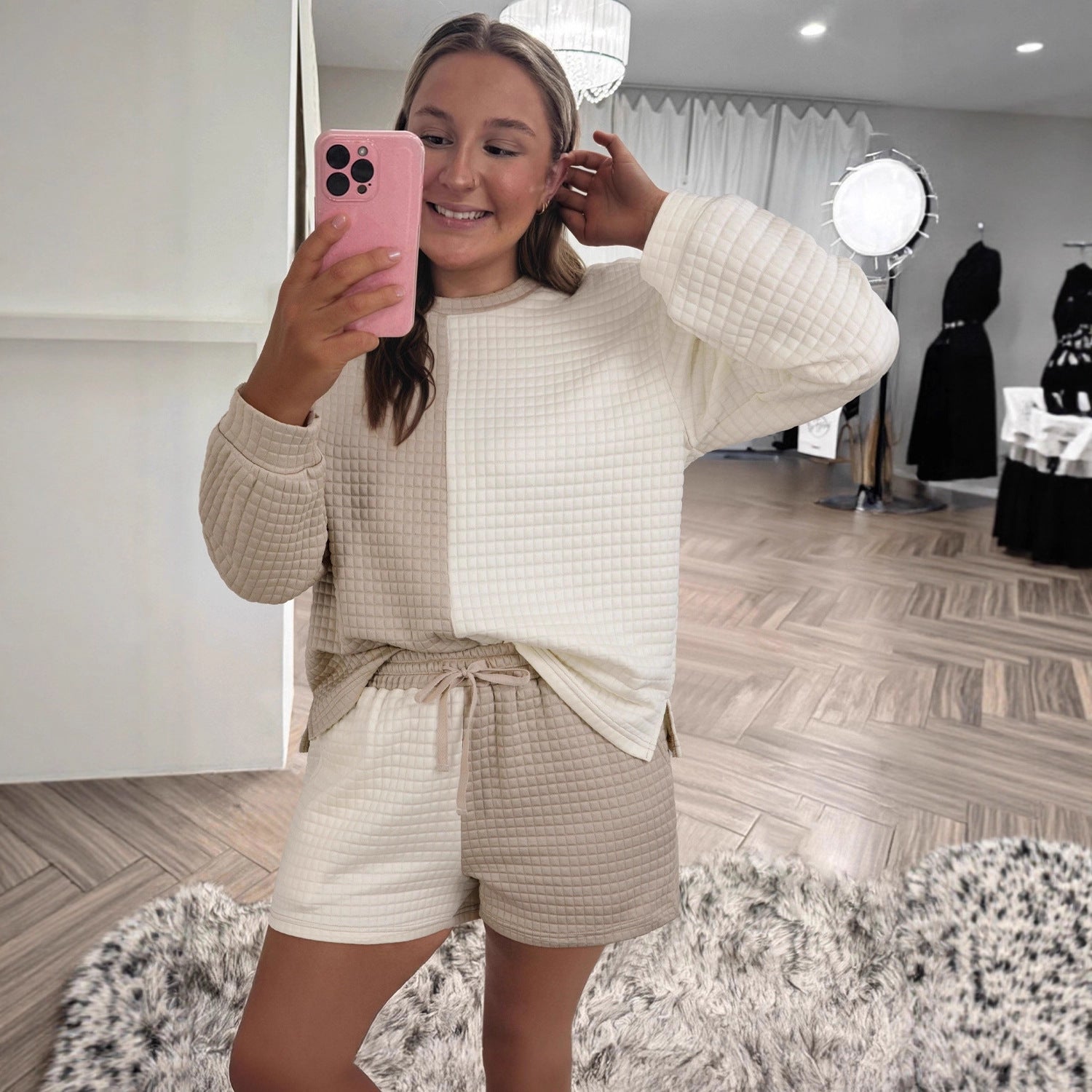 Women's Casual Color-block High-waist Long-sleeve Set