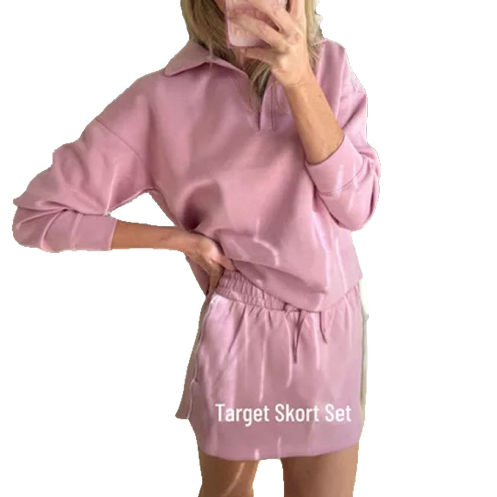 Casual Sport Lapel Long Sleeve Top With Pocket Skirt Set