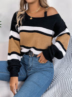 Casual Color Block Striped Lantern Sleeve Metal Button Off-Shoulder Pullover Sweater