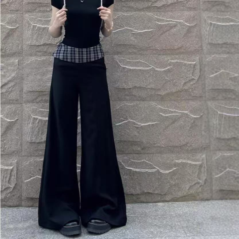 Women's High Waist Loose Plaid Patch Casual Wide Leg Pants