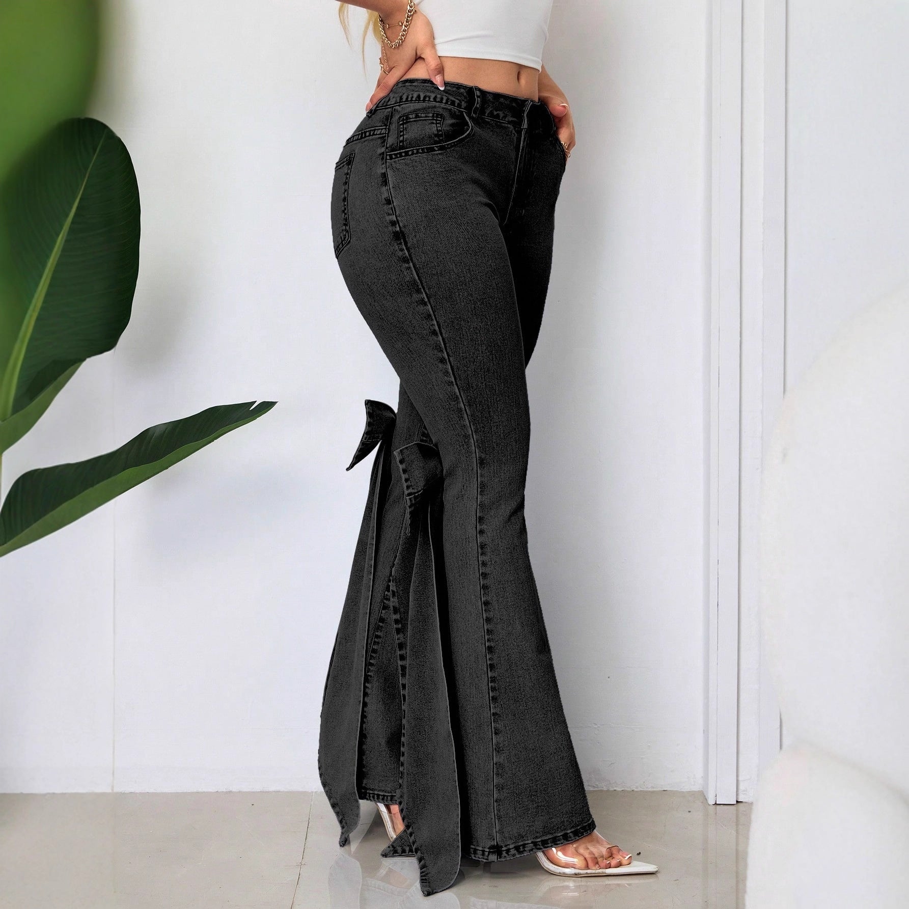 European And American Retro Three-dimensional Bow Slim-fit Mid-stretch Mop Horn Denim Trousers