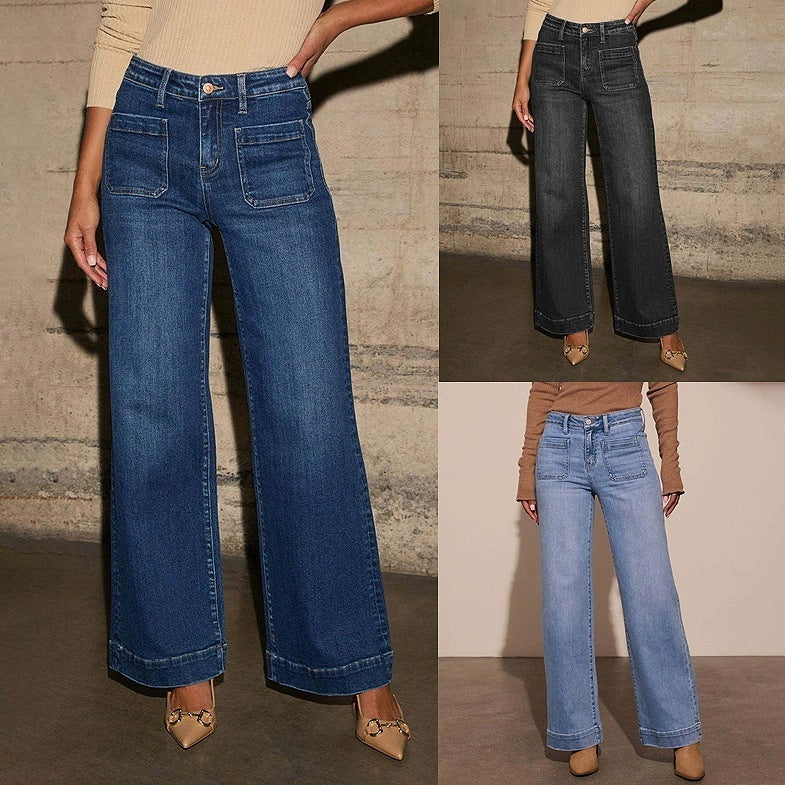 High Waist Jeans Women's Wide Leg Retro Temperament Straight-leg Pants