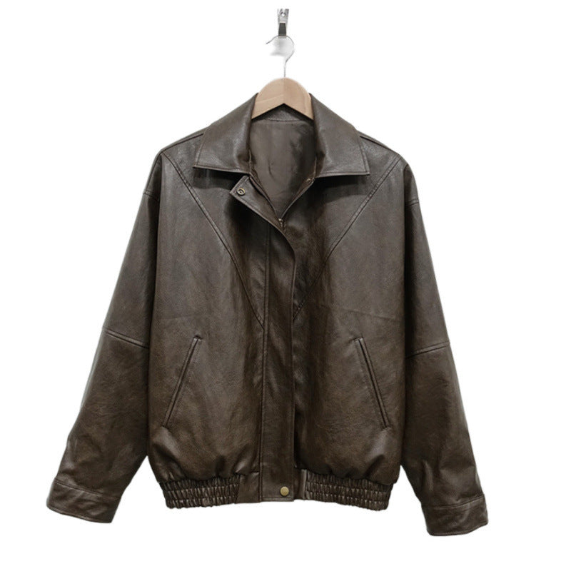 South Korea Chic Early Autumn Retro Handsome Motorcycle Leather Coat