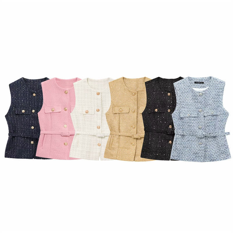 Women's Fashion Casual Sleeveless With Belt Texture Vest