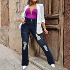 Women's Ripped Wide Leg Jeans, High Waisted Flare Fit With Distressed Details And Button Fly, Casual Stretch Denim Pants