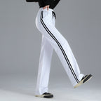 Straight-leg Sweatpants, Black And White Striped, Double-stripe, High-waisted, Wide-leg Drape Pants