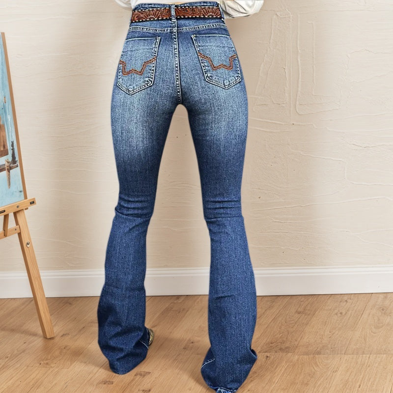 Embroidered Flared Jeans, High-Waist Bootcut Jeans, Women's Denim Style, Vintage Stretch Pants, Western Retro Flared Pants