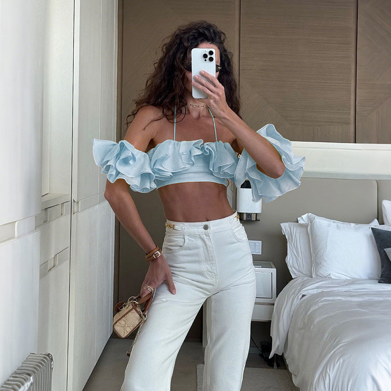 Sexy Halter Navel Wrapped Chest Split Lace-collared Blouse