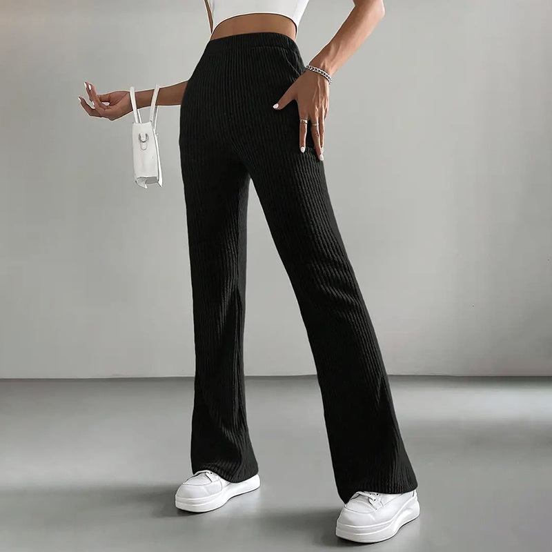 Women's Solid Color Rib-Knit Jogger Pants, Casual Stretch Pull-On Trousers For Spring And Fall