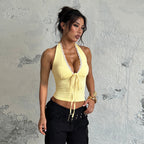 Women's Solid Color Halter Top With Lace Trim