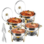 4Pcs Chafing Dish Buffet Set 4.76QT Round Buffet Servers Food Warmer Stainless Steel Catering Chafer With Glass Lid For Warming Cooling Gatherings Banquets Buffets Party Wedding