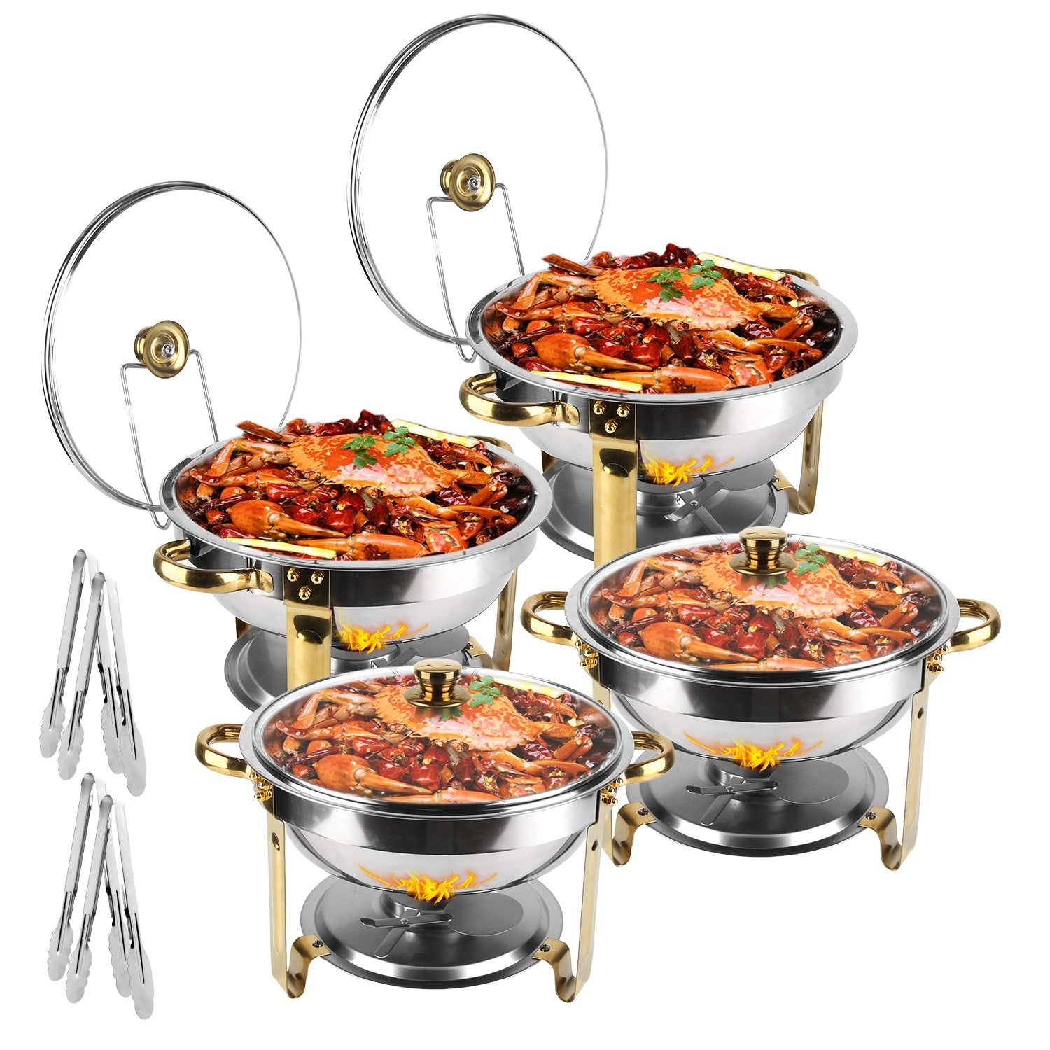 4Pcs Chafing Dish Buffet Set 4.76QT Round Buffet Servers Food Warmer Stainless Steel Catering Chafer With Glass Lid For Warming Cooling Gatherings Banquets Buffets Party Wedding