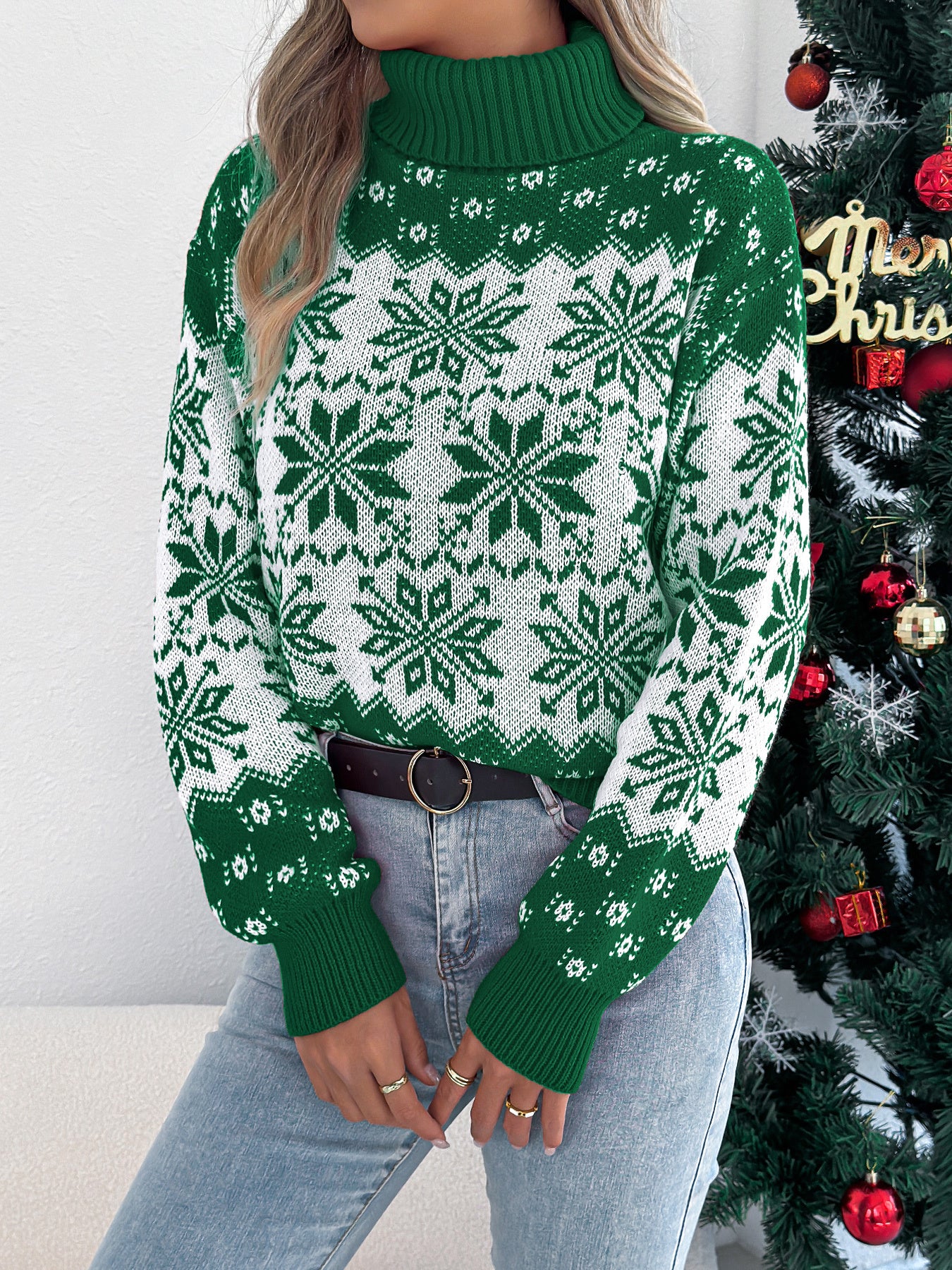 Snowflake Pattern Lantern Sleeve Turtleneck Pullover Sweater