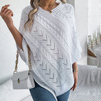Women's Solid Color V-Neck Cape Sweater Batwing Sleeve Open-Knit Cardigan With Asymmetrical Hem