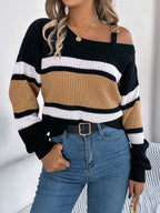 Casual Color Block Striped Lantern Sleeve Metal Button Off-Shoulder Pullover Sweater