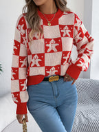 Snowflake Plaid Lantern Sleeve Pullover Sweater