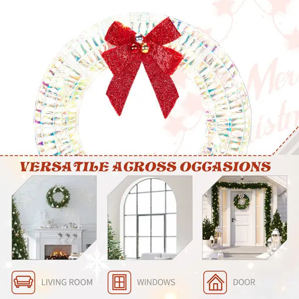 24in Pre-lit Iridescent Outdoor Christmas Wreath Decoration, Lighted Metal Wreath With Red Bow, Warm White LED Lights, For Front Door Gate Wall Indoor Outdoor Holiday Party - The Premium