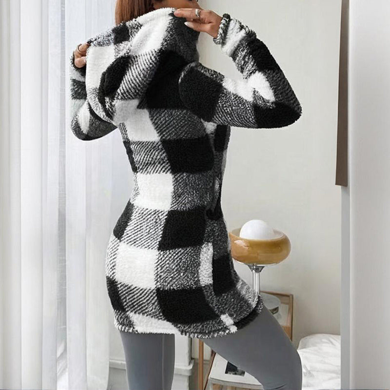 Women's Long Sleeve Plaid Long Hooded Sherpa Coat, Soft Fleece Lined Jacket With Pockets For Winter