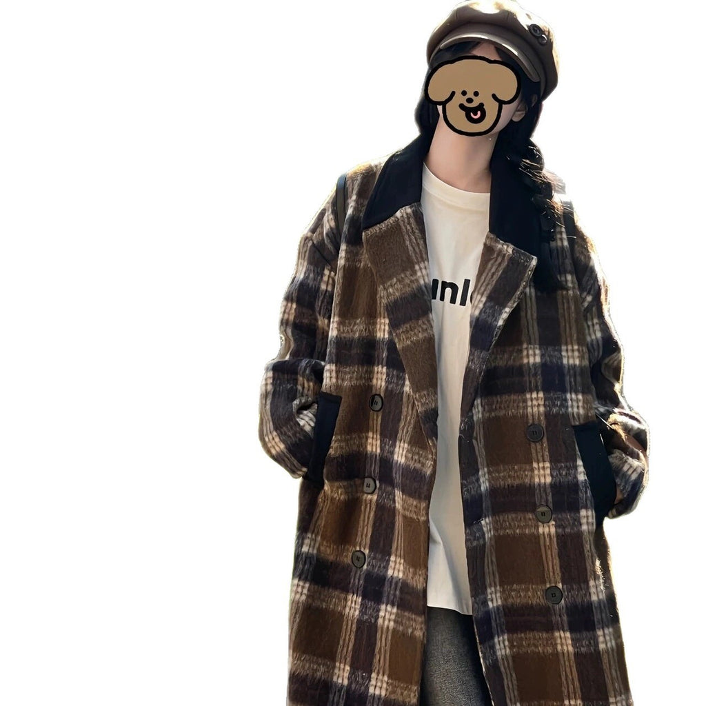 Women's Korean-style Plaid Coffee Woolen Overcoat