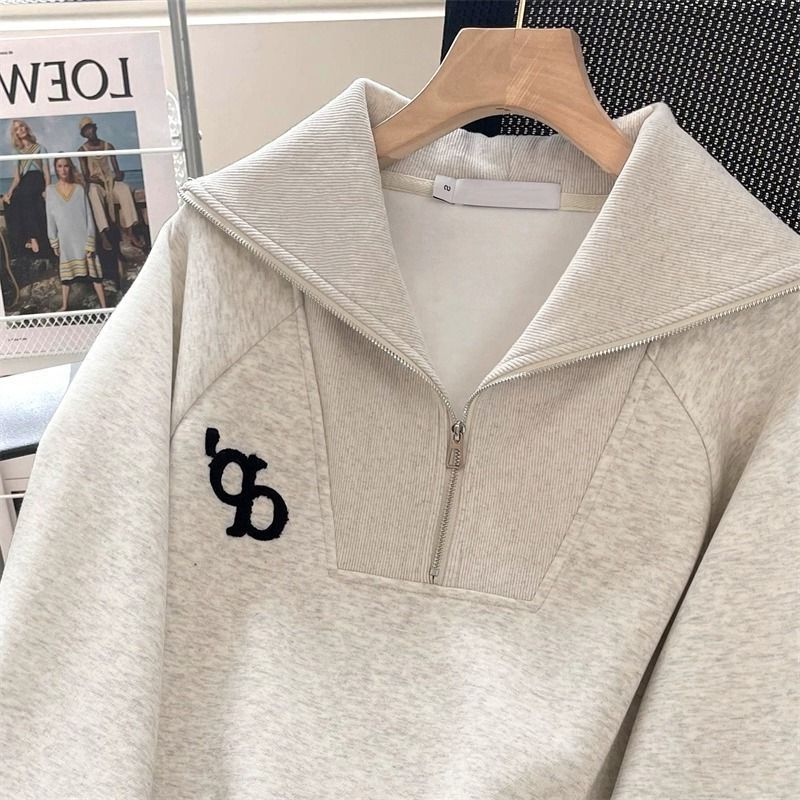 Loose American Vintage Gray Lapel Sweatshirt For Petite