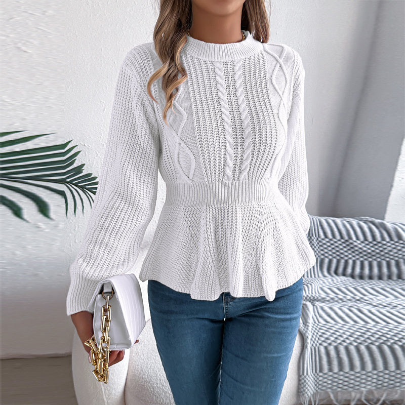 Women's Cable Knit Sweater With Peplum Hem Round Neck Ribbed Waist Top For Spring And Fall