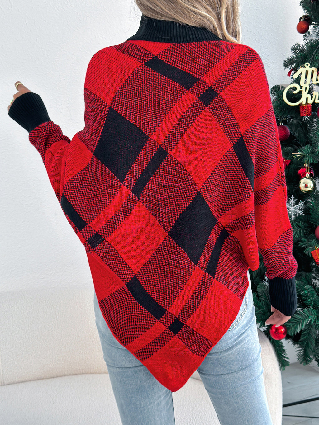 Casual Color Block Plaid High Neck Long Sleeve Poncho Sweater