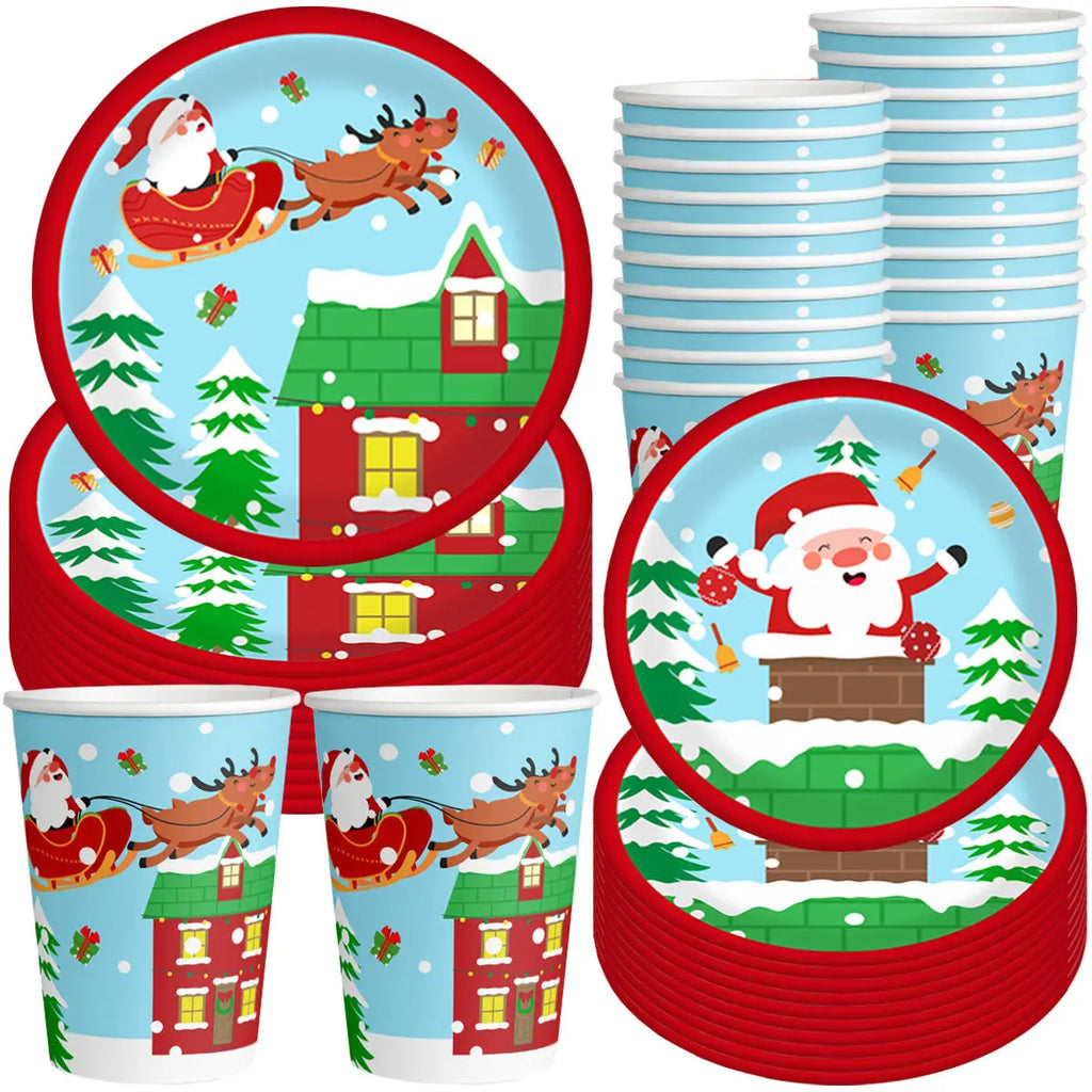 Christmas Paper Plates And Cups Set Decorations For 10 Guests Santa Claus Elk Pattern Plates And Cups For Winter Holiday Christmas Party Decorations - The Premium