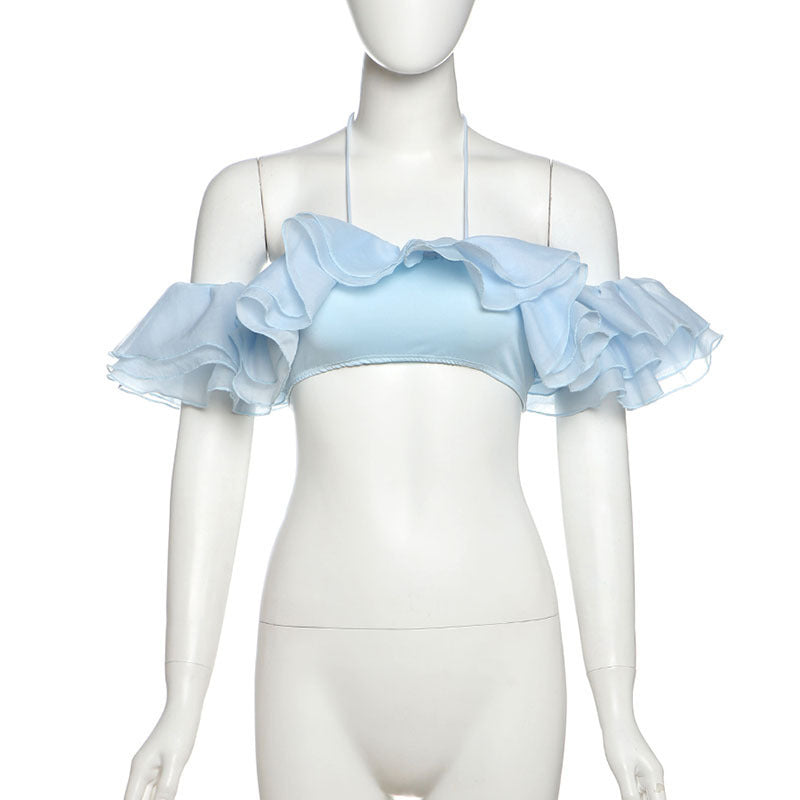 Sexy Halter Navel Wrapped Chest Split Lace-collared Blouse