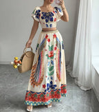 Printed Casual Vacation Bohemian Short-sleeved Top And Long Skirt Ladies Set
