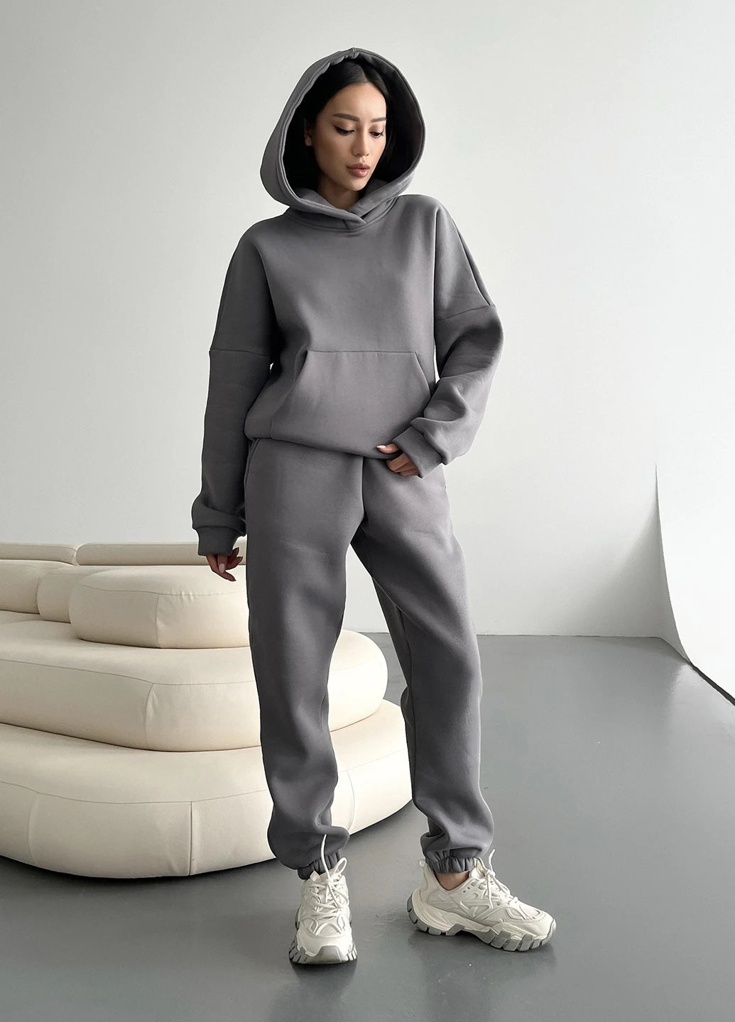 Casual Fleece-lined Hooded Sweatshirt And Pants Two-piece Set