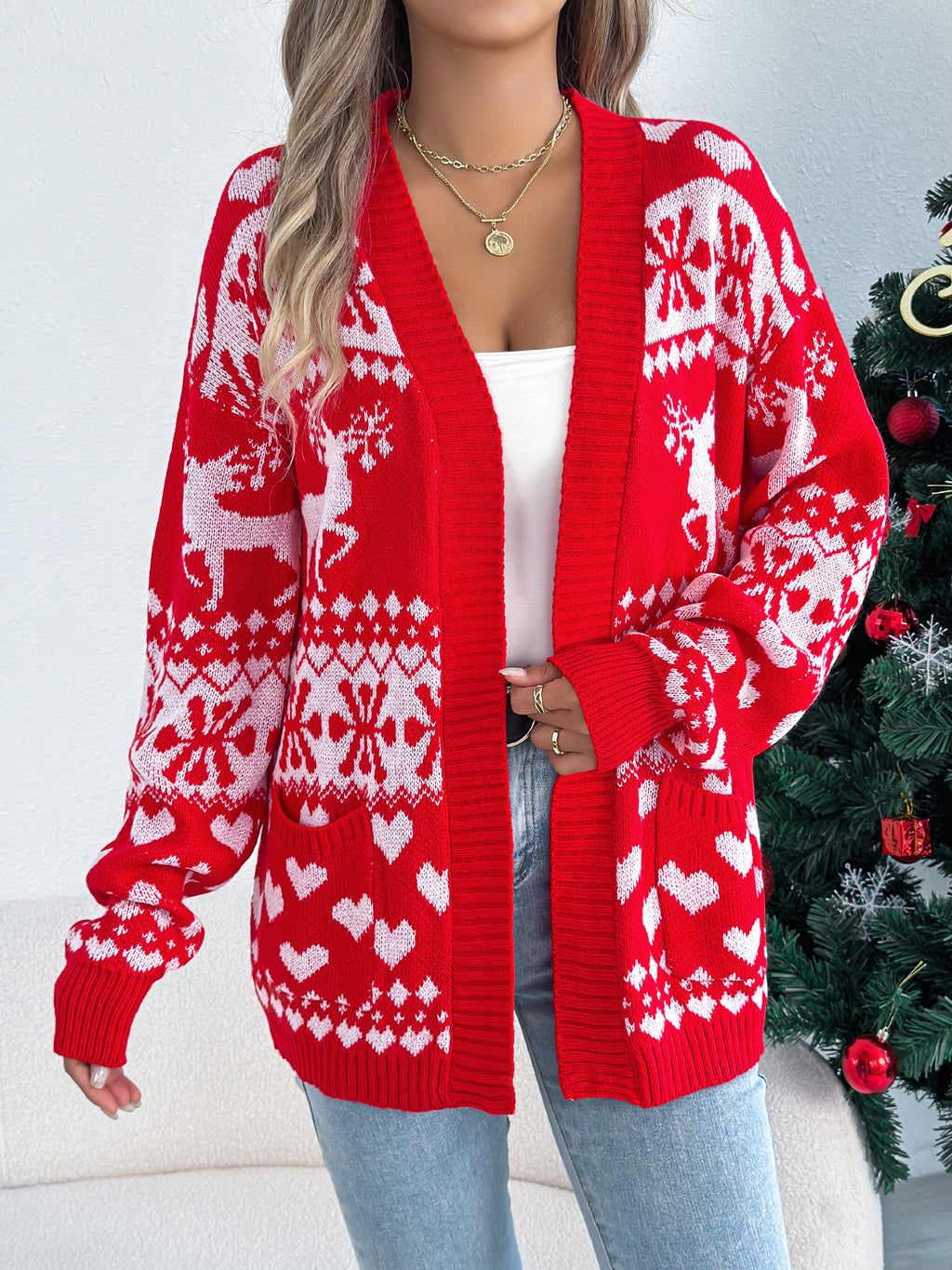 Christmas Deer Pocket Long Sleeve Cardigan Sweater Coat