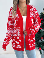 Christmas Deer Pocket Long Sleeve Cardigan Sweater Coat