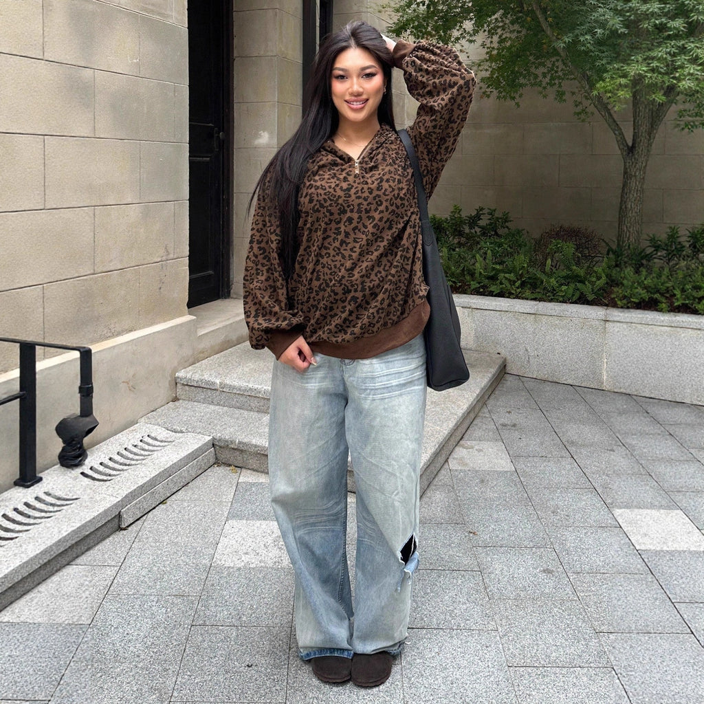 Women's Leopard Print Zip-up Hooded Long Sleeve Sweatshirt