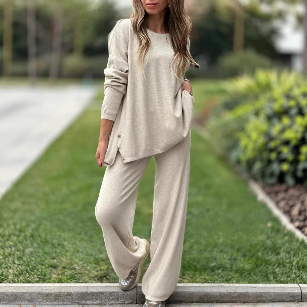 Solid Color Split Casual Wide-leg Pants Round Neck Long Sleeve