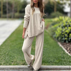Solid Color Split Casual Wide-leg Pants Round Neck Long Sleeve