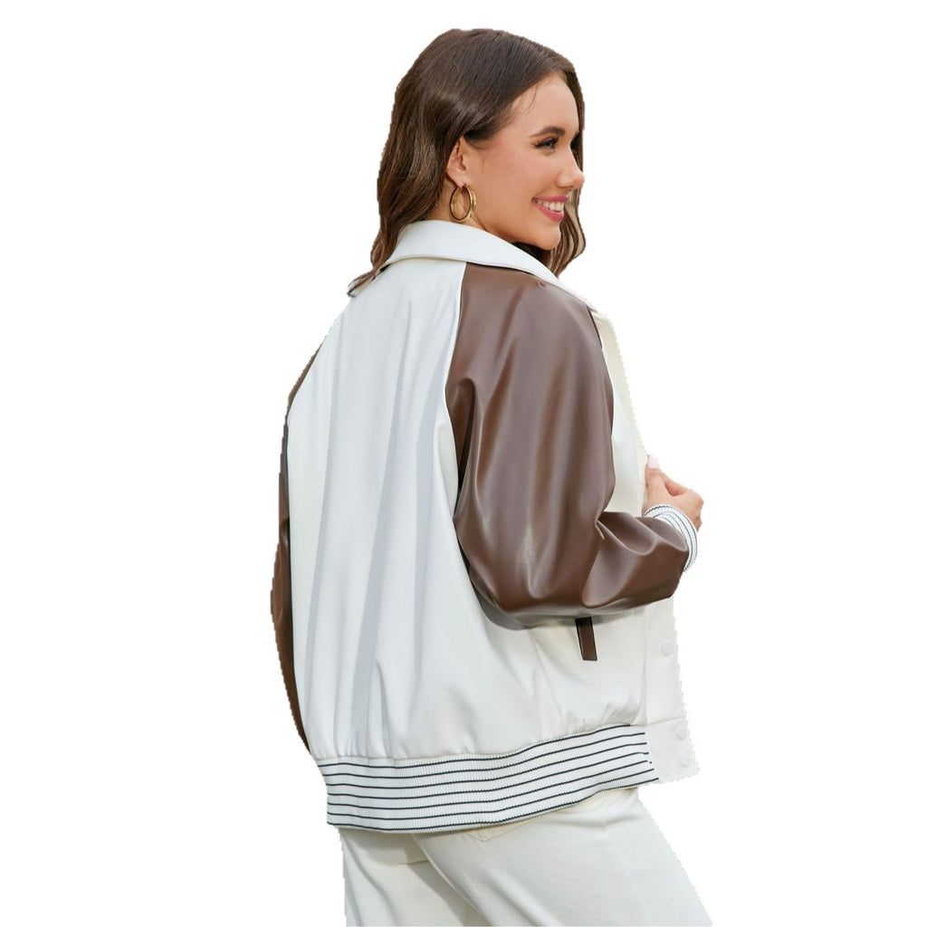 Color-blocked Spliced PU Leather Women's Motorcycle Jacket Baseball Coat